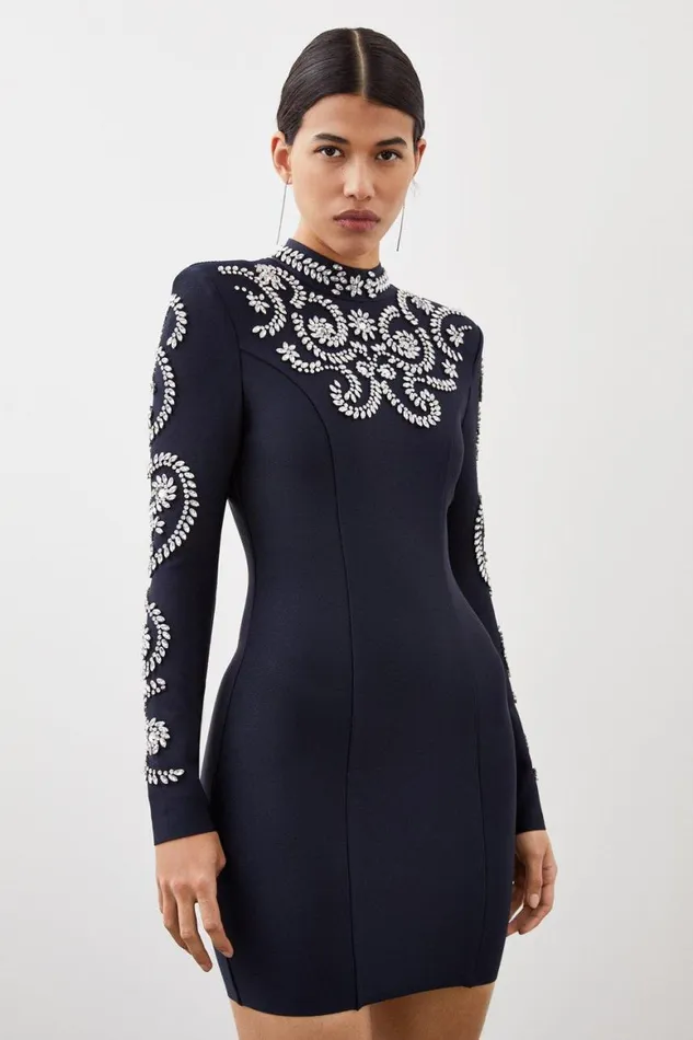 Dresses Women Karen Millen Figure Form Bandage Embellished Knit Mini Dress Navy