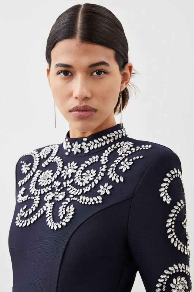 Dresses Women Karen Millen Figure Form Bandage Embellished Knit Mini Dress Navy