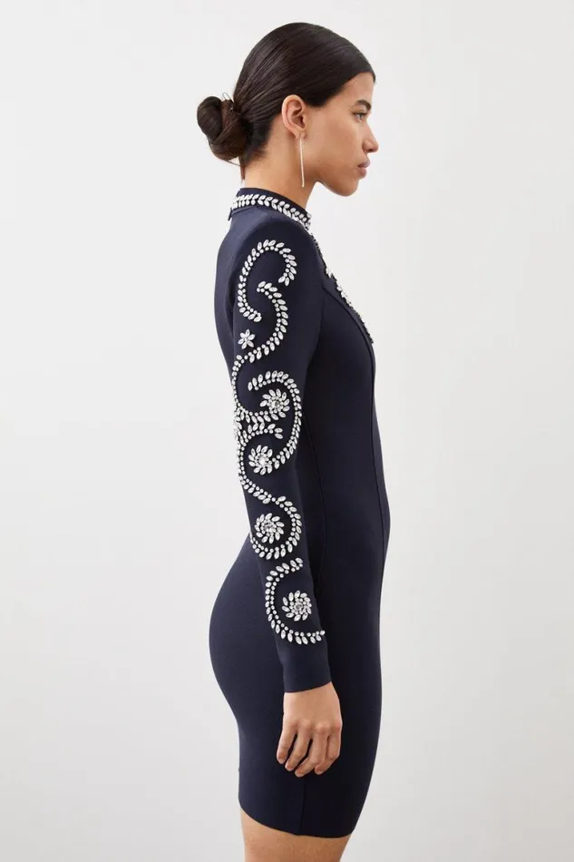 Dresses Women Karen Millen Figure Form Bandage Embellished Knit Mini Dress Navy