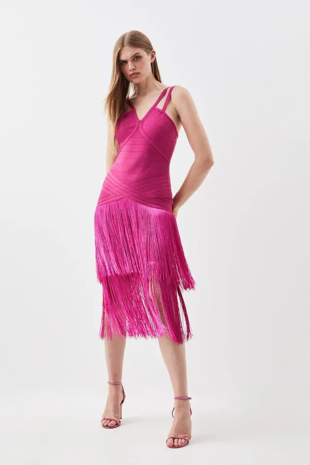 Dresses Women Karen Millen Figure Form Bandage Fringe Knit Midi Dress Fuchsia