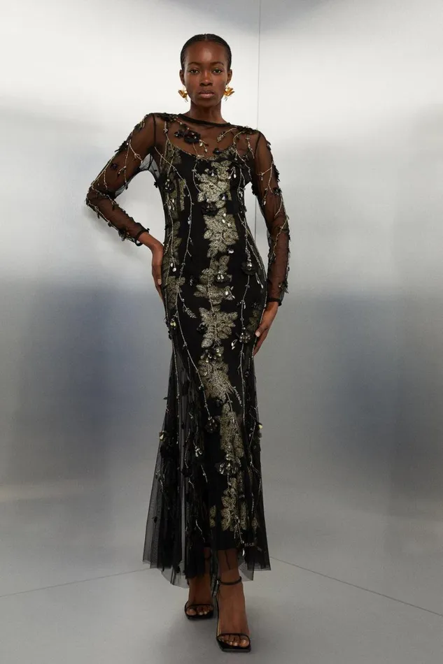Dresses Women Karen Millen Floral Applique Metallic Viscose Georgette Woven Maxi Dress Black Dresses Women Karen Millen Floral Applique Metallic Viscose Georgette Woven Maxi Dress Black