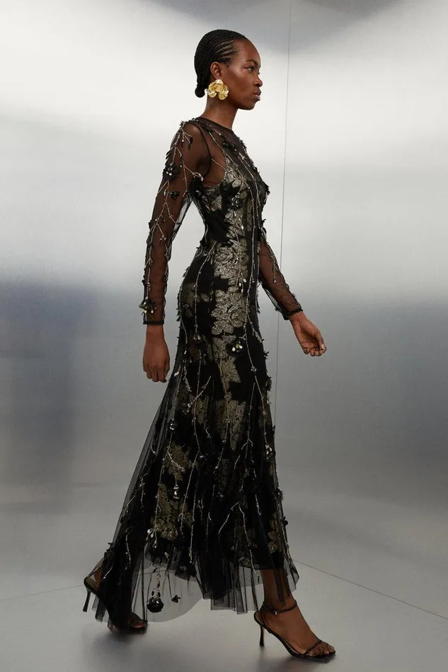 Dresses Women Karen Millen Floral Applique Metallic Viscose Georgette Woven Maxi Dress Black