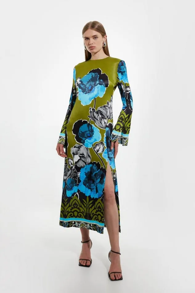Dresses Women Karen Millen Floral Print Satin Crepe Woven Maxi Dress Multi