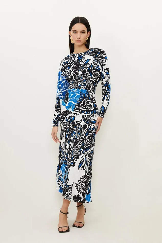 Dresses Women Karen Millen Floral Printed Morocain Woven Crew Neck Midaxi Dress Floral