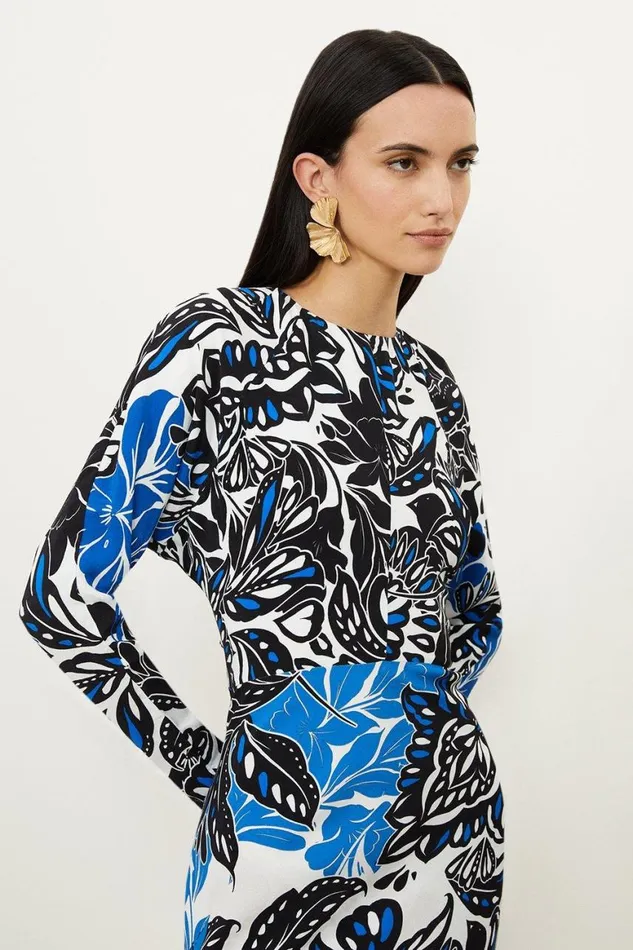 Dresses Women Karen Millen Floral Printed Morocain Woven Crew Neck Midaxi Dress Floral