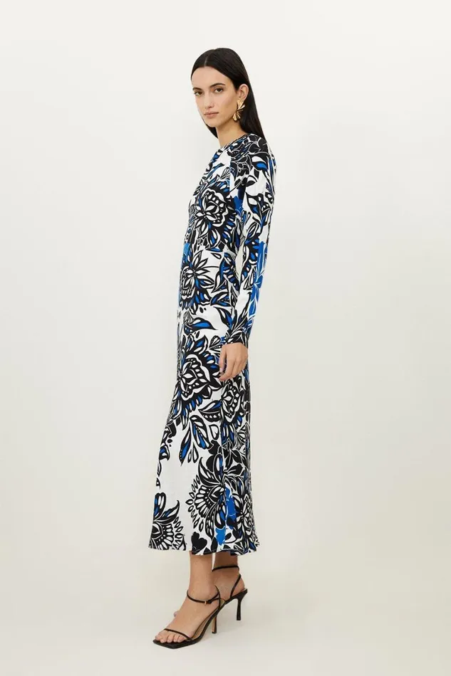 Dresses Women Karen Millen Floral Printed Morocain Woven Crew Neck Midaxi Dress Floral