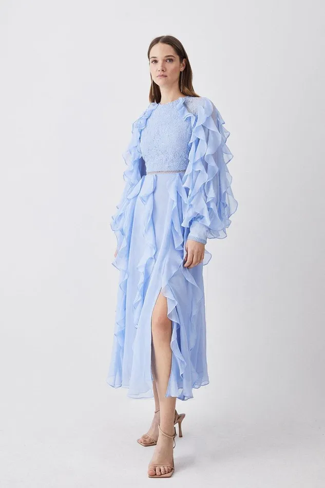 Dresses Women Karen Millen Frill Lace Trim Woven Maxi Dress Baby Blue