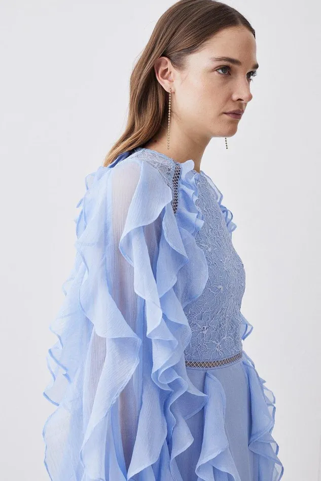 Dresses Women Karen Millen Frill Lace Trim Woven Maxi Dress Baby Blue