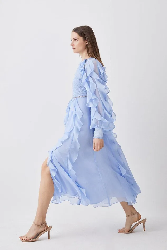 Dresses Women Karen Millen Frill Lace Trim Woven Maxi Dress Baby Blue