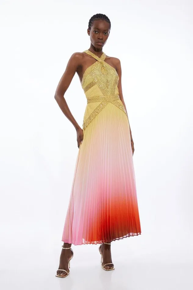 Dresses Women Karen Millen Geo Embellished Ombre Pleated Woven Maxi Dress Yellow