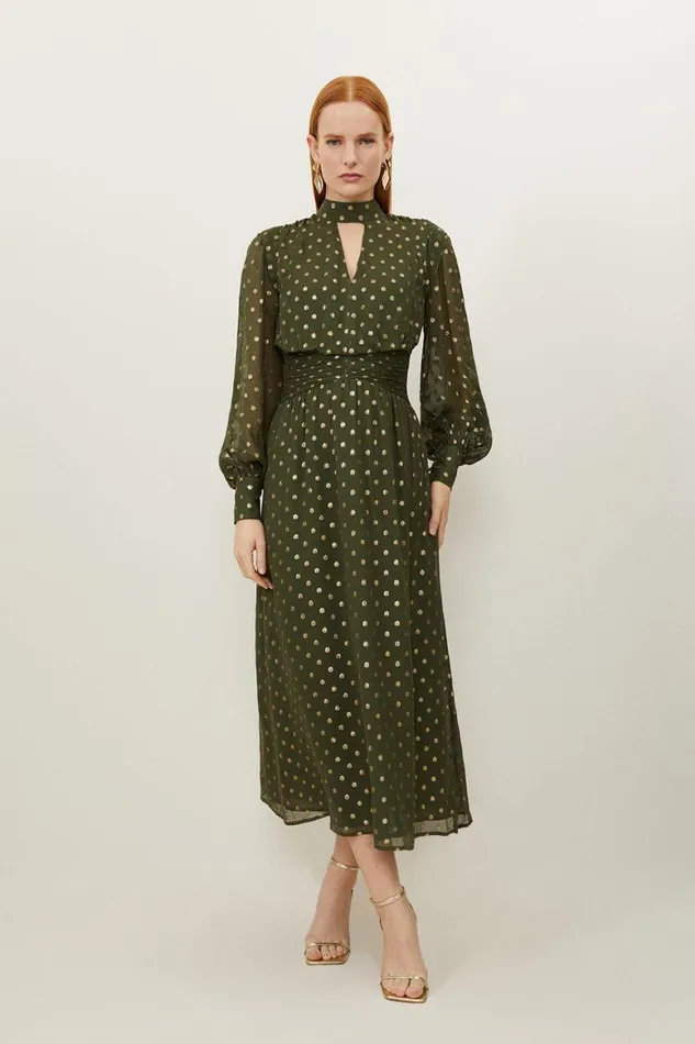 Dresses Women Karen Millen High Neck Metallic Viscose Georgette Woven Maxi Dress Khaki