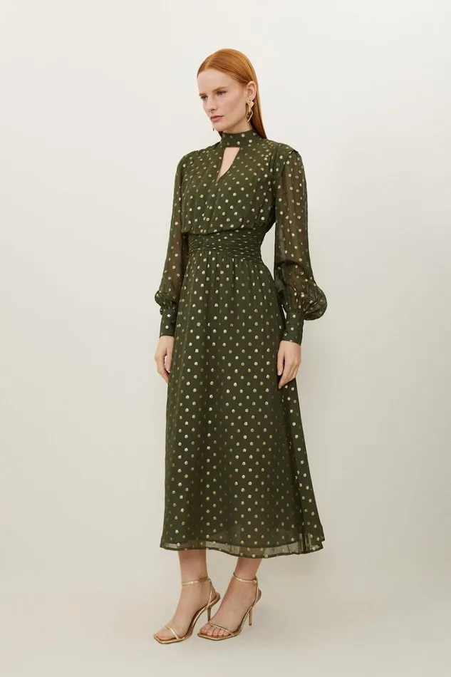 Dresses Women Karen Millen High Neck Metallic Viscose Georgette Woven Maxi Dress Khaki
