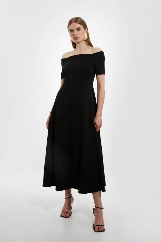 Dresses Women Karen Millen Italian Structured Rib Bardot Tailored Midi Dress Black