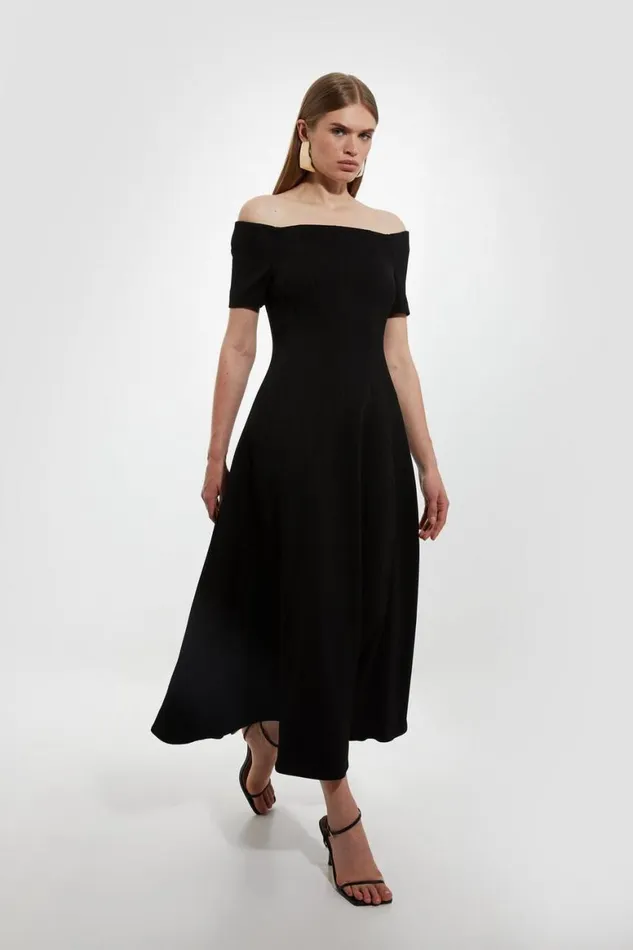 Dresses Women Karen Millen Italian Structured Rib Bardot Tailored Midi Dress Black