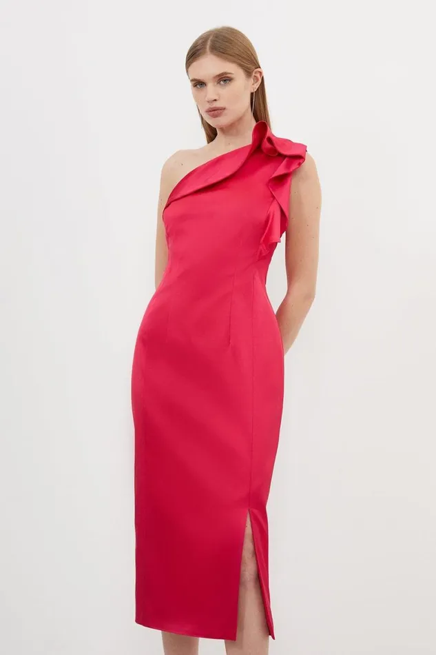 Dresses Women Karen Millen Italian Structured Satin Ruffle Midi Dress Magenta