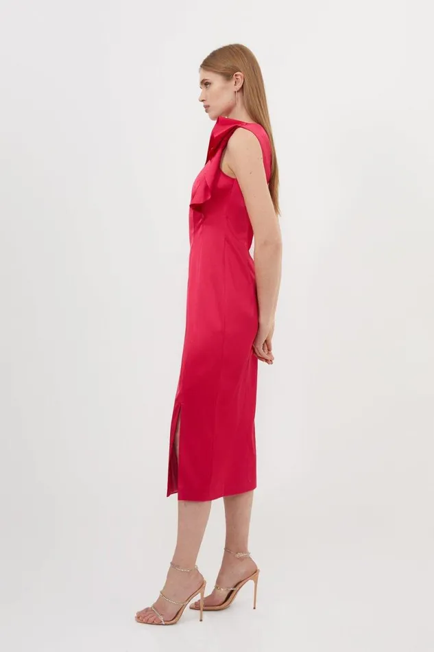 Dresses Women Karen Millen Italian Structured Satin Ruffle Midi Dress Magenta