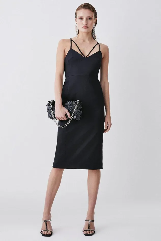 Dresses Women Karen Millen Italian Structured Satin Tailored Pencil Midi Dress Black
