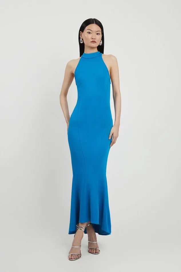 Dresses Women Karen Millen Italian Structured Stretch Waterfall Hem High Neck Midi Dress Blue Dresses Women Karen Millen Italian Structured Stretch Waterfall Hem High Neck Midi Dress Blue