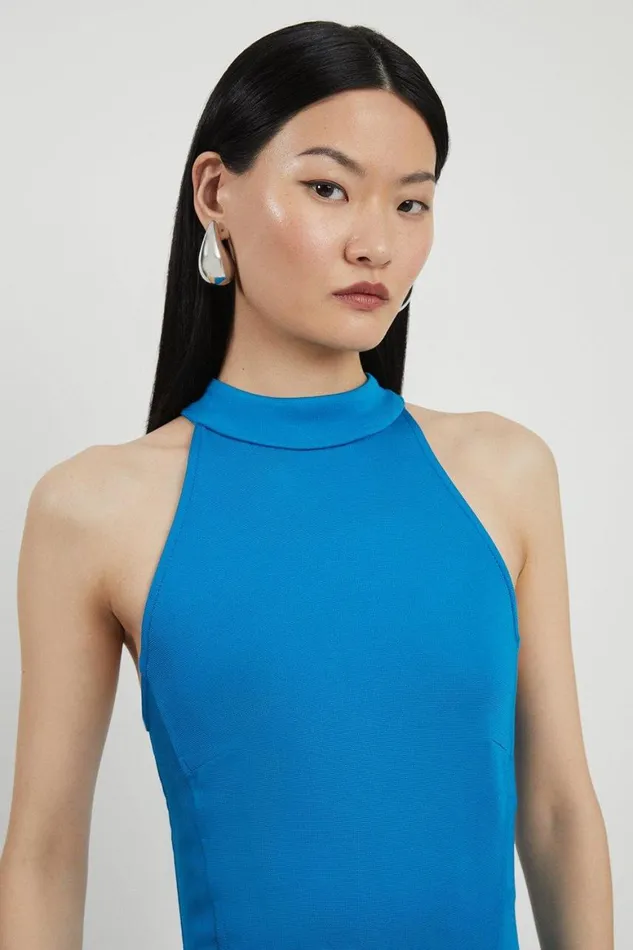Dresses Women Karen Millen Italian Structured Stretch Waterfall Hem High Neck Midi Dress Blue
