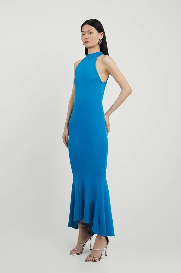 Dresses Women Karen Millen Italian Structured Stretch Waterfall Hem High Neck Midi Dress Blue