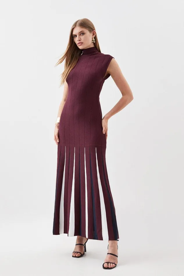 Dresses Women Karen Millen Jacquard Knit Pleated Midaxi Dress Burgundy