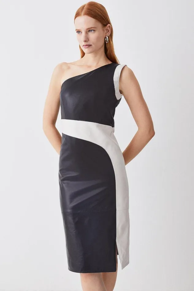 Dresses Women Karen Millen Leather Colourblock One Shoulder Midi Dress Mono