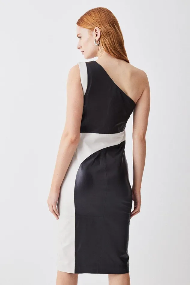 Dresses Women Karen Millen Leather Colourblock One Shoulder Midi Dress Mono