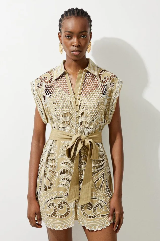 Dresses Women Karen Millen Linen Cutwork Embroidery Woven Mini Dress Khaki