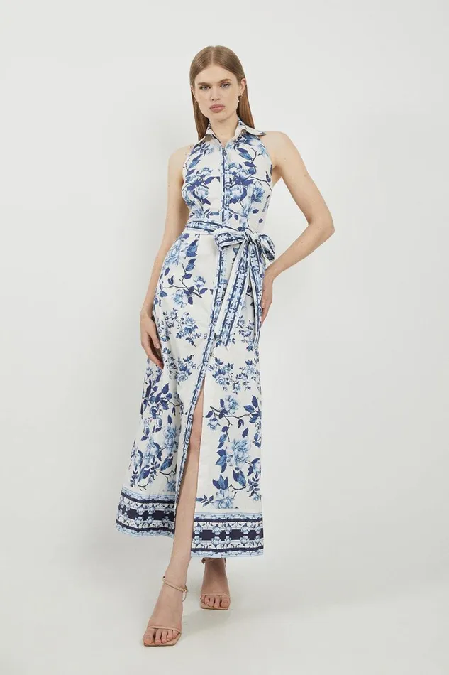 Dresses Women Karen Millen Lydia Millen Cotton Sateen Woven Halter Shirt Dress Blue