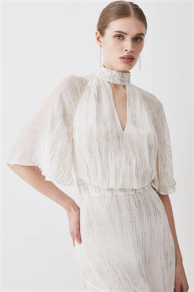Dresses Women Karen Millen Metallic Viscose Georgette Angel Sleeve Woven Midi Dress Ivory