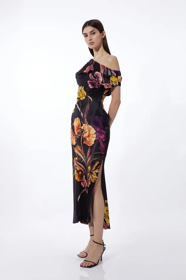 Dresses Women Karen Millen Midnight Floral Print Satin Back Crepe Woven Maxi Dress Black