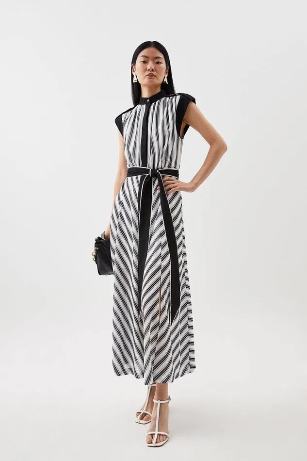 Dresses Women Karen Millen Military Striped Belted Woven Midi Dress