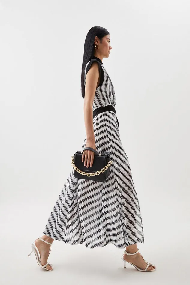 Dresses Women Karen Millen Military Striped Belted Woven Midi Dress