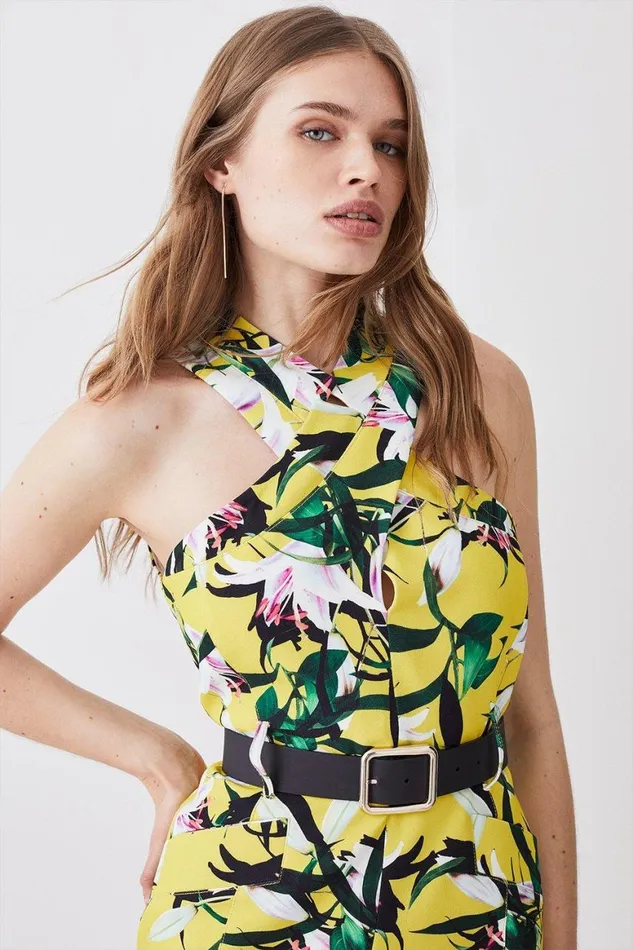 Dresses Women Karen Millen Neon Lily Print Forever Halter Neck Belted Midi Dress Multi
