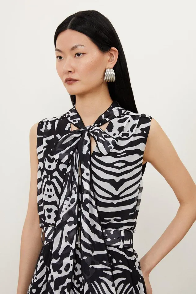 Dresses Women Karen Millen Petite Animal Print Georgette Woven Tie Neck Mini Dress Black