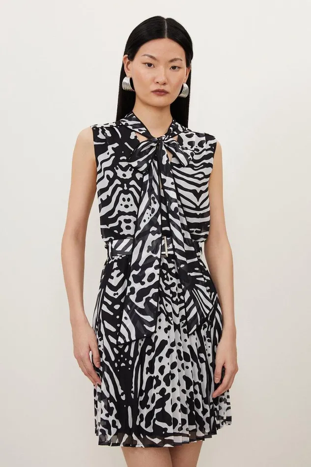 Dresses Women Karen Millen Petite Animal Print Georgette Woven Tie Neck Mini Dress Black