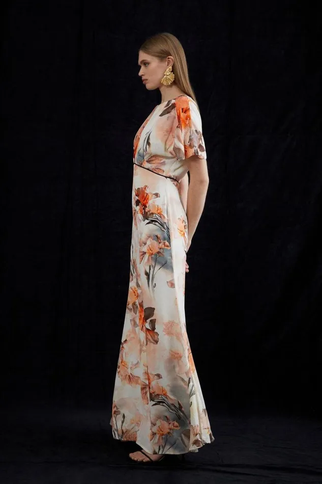 Dresses Women Karen Millen Petite Blurred Floral Woven Column Angel Sleeve Maxi Dress Floral
