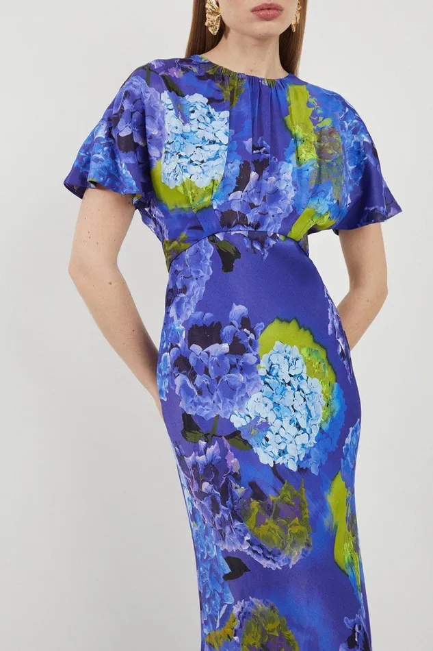 Dresses Women Karen Millen Petite Bright Floral Print Satin Back Crepe Woven Maxi Dress Purple