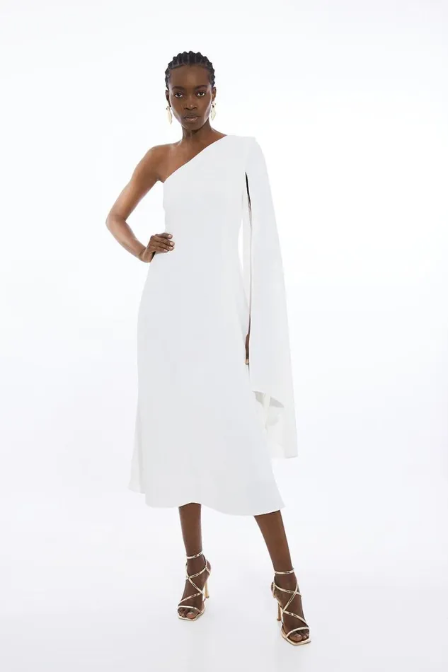 Dresses Women Karen Millen Petite Compact Stretch Viscose One Shoulder Full Skirt Dress Ivory