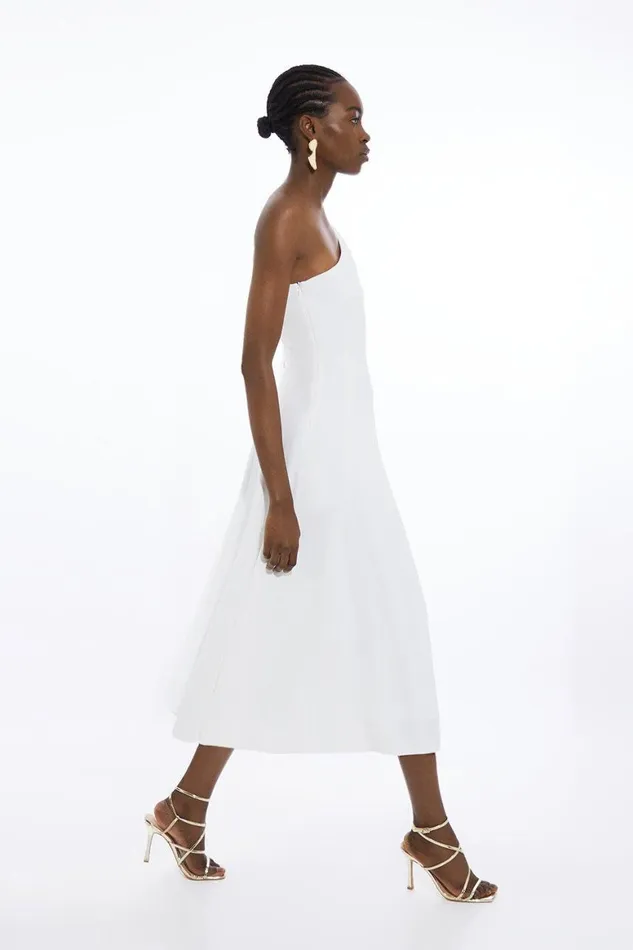 Dresses Women Karen Millen Petite Compact Stretch Viscose One Shoulder Full Skirt Dress Ivory