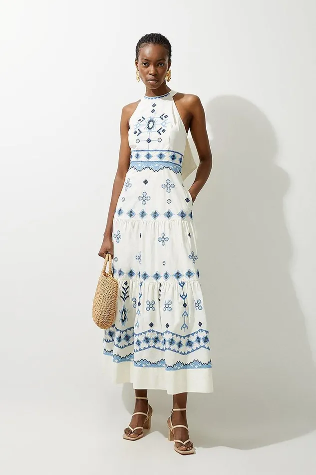 Dresses Women Karen Millen Petite Cotton Embroidered Woven Halter Maxi Dress Blue