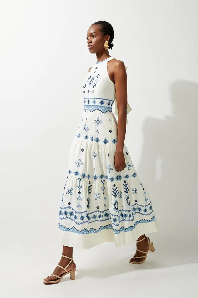 Dresses Women Karen Millen Petite Cotton Embroidered Woven Halter Maxi Dress Blue