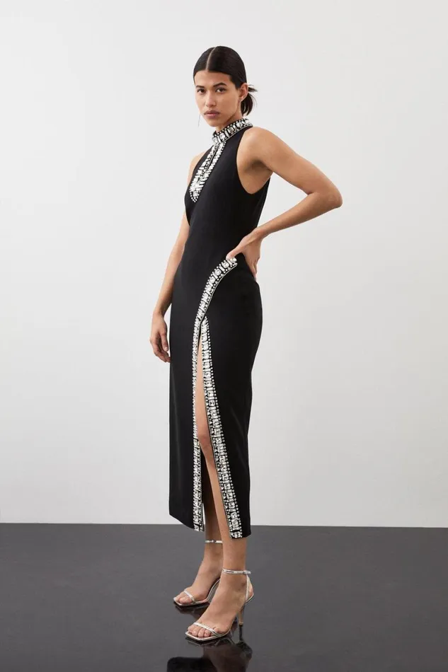 Dresses Women Karen Millen Petite Crystal Embellished Woven Thigh Split Midi Dress Black Dresses Women Karen Millen Petite Crystal Embellished Woven Thigh Split Midi Dress Black