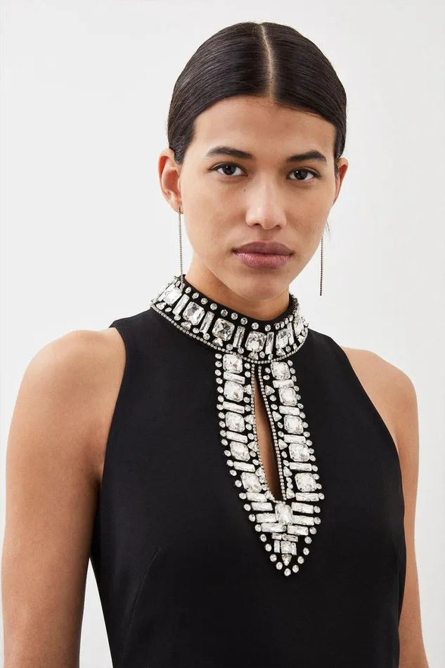 Dresses Women Karen Millen Petite Crystal Embellished Woven Thigh Split Midi Dress Black