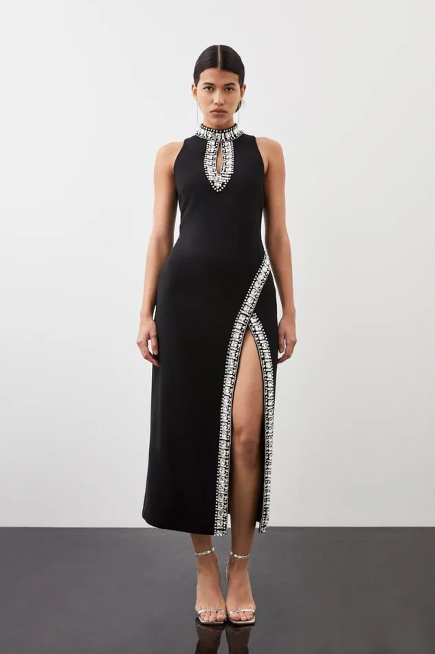Dresses Women Karen Millen Petite Crystal Embellished Woven Thigh Split Midi Dress Black