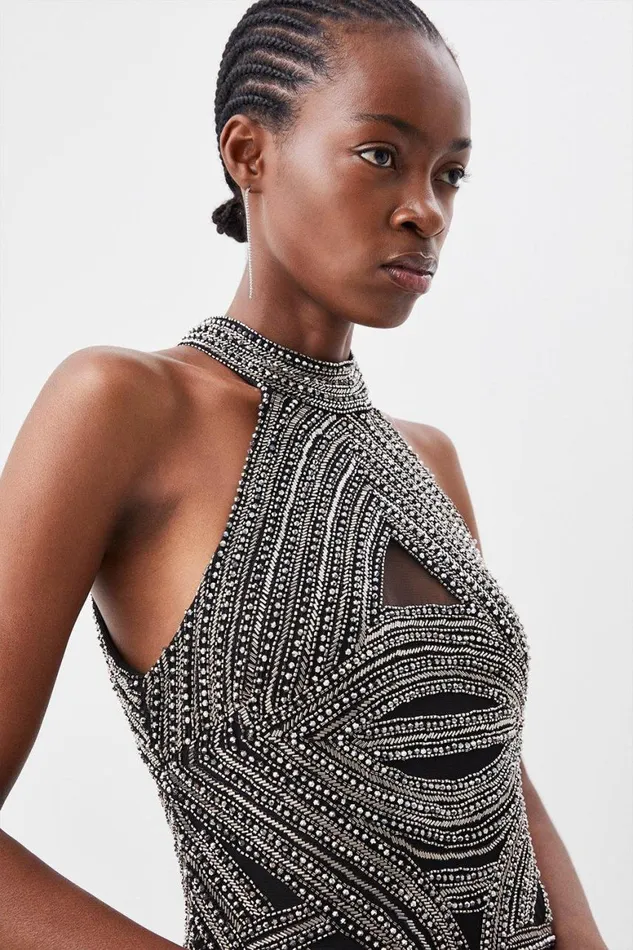 Dresses Women Karen Millen Petite Embellished Beaded Halter Woven Maxi Dress Gun Metal