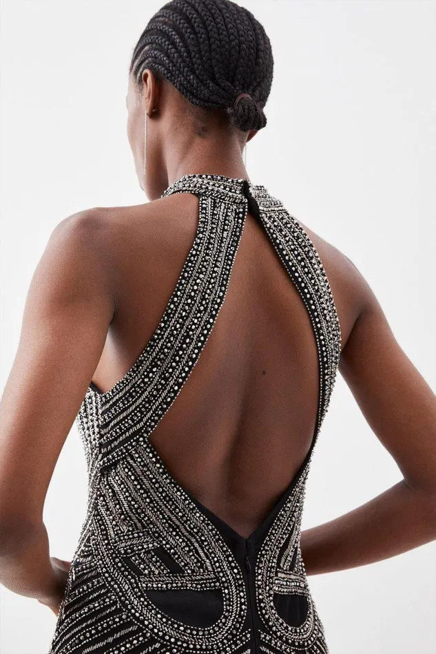 Dresses Women Karen Millen Petite Embellished Beaded Halter Woven Maxi Dress Gun Metal