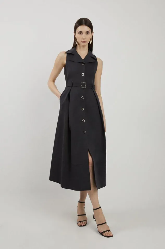 Dresses Women Karen Millen Petite Halter Neck Belted Full Skirted Shirt Dress Black