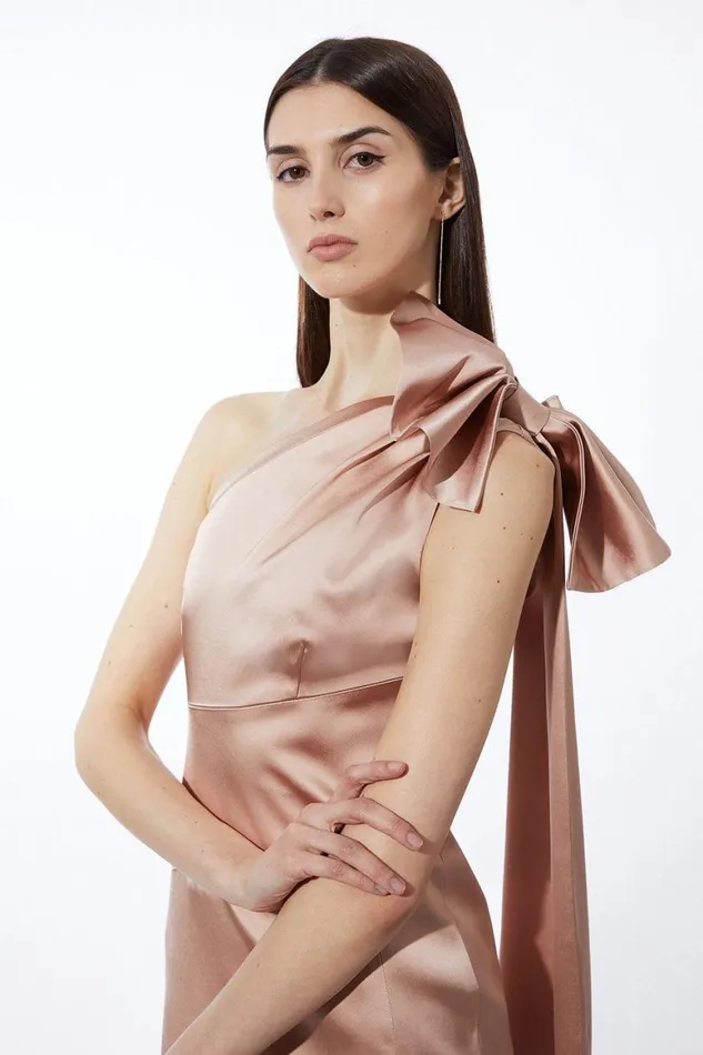 Dresses Women Karen Millen Petite Italian Satin Drape Shoulder Tailored Midi Dress Champagne
