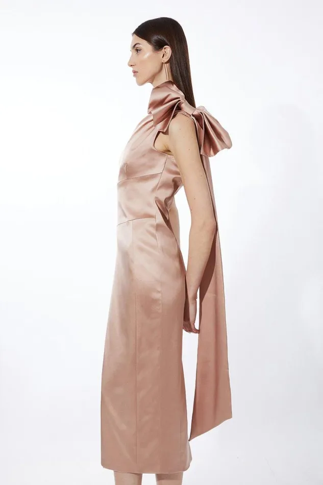 Dresses Women Karen Millen Petite Italian Satin Drape Shoulder Tailored Midi Dress Champagne